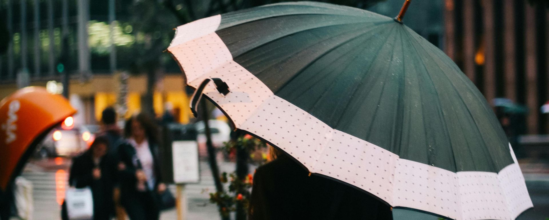 A person walks with an umbrella on a rainy day in São Paulo's urban environment.